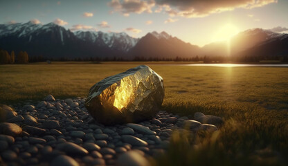 Golden sunlight reflecting on the surface of a large precious stone or meteorite. Exotic mineral among ordinary rocks, in the middle of a vast valley.