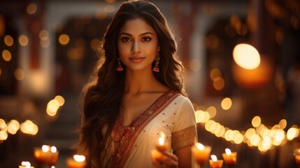 Beautiful Indian woman in fancy traditional holding candle for celebration Diwali festival.