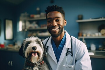 Young african american veterinarian or animal doctor with a dog in his veterinarian clinic office - obrazy, fototapety, plakaty