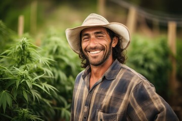 Portrait of a middle aged mexican cannabis or marijuana farmer working on an organic outdoor grow farm