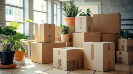 photograph of Boxes in new apartment. telephoto lens daylight white generative ai