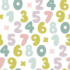 Seamless pattern with hand drawn numbers. Vector background with colorful pastel numbers on a white background