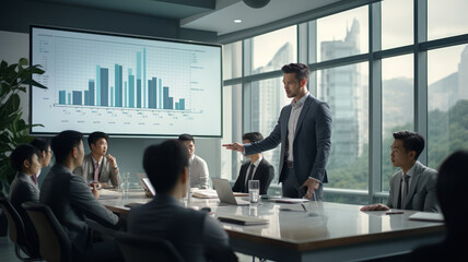 Businessman are speaker talking about company stats and financial data analyzing growth in meeting room.generative ai