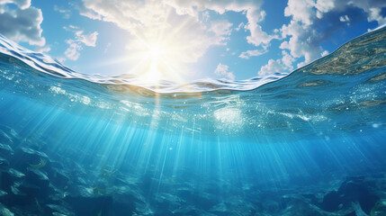 Fototapeta na wymiar Bright sunlight shining through clear blue water. Warm summer ocean with rocky bottom.