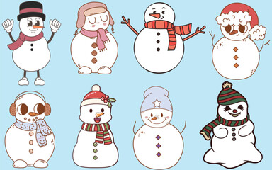 Retro Christmas Snowman for Winter and Groovy Christmas Designs, Retro Vintage Snowman Wearing Santa Hat Set