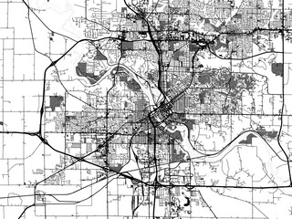 Greyscale vector city map of  Cedar Rapids Iowa in the United States of America with with water, fields and parks, and roads on a white background.