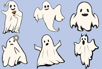 Retro Halloween Ghosts Set of 6 for Halloween Season and Designers - Vintage Phantoms Pack with Ghost Holding a Flower
