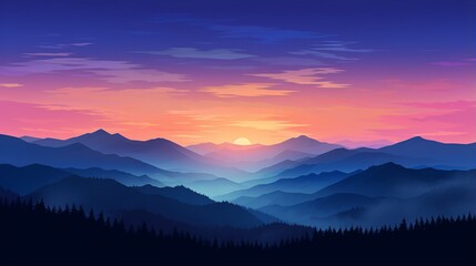 a mountain range silhouetted against the colors of a twilight sky. 