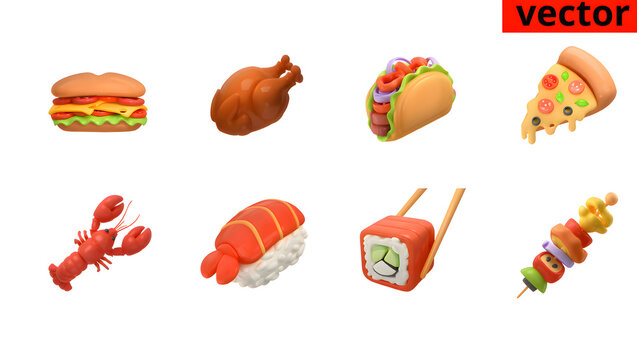 Food 3d cartoon, vector icon set. Slice of pizza, taco, roast turkey, sandwich, vegetables on a skewer, sushi, lobster