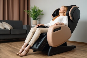 A blonde haired woman relaxes in a reclining massage chair in a living room - Powered by Adobe