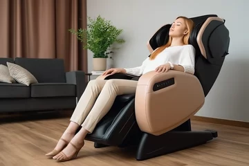 Fotobehang Massagesalon A blonde haired woman relaxes in a reclining massage chair in a living room