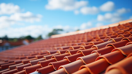photograph of New Roof, Close-up of red roof tiles against blue sky.generative ai