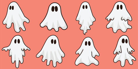Set of halloween ghosts, Halloween ghosts retro spooky vector illustrations, Pack of phantoms graphics with background