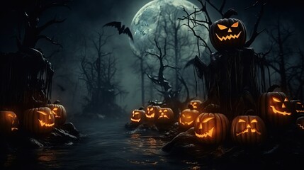 Halloween pumpkin night scene, Jack O Lantern Glowing
