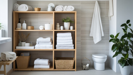 Shelving unit with clothes in bathroom at house. telephoto lens daylight white generative ai