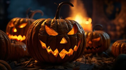 Jack O Lanterns pumpkin, Glowing at moonlight in spooky halloween night