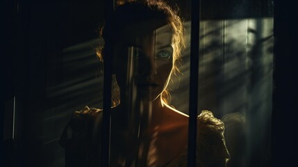Silhouette of woman, creepy behind the glass in dark room