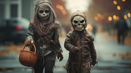 Sibling kid dress in Halloween costume, trick or treat - obrazy, fototapety, plakaty