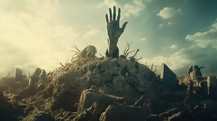 Zombie hand rising out from grave