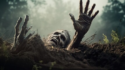 Zombie hand rising out from grave