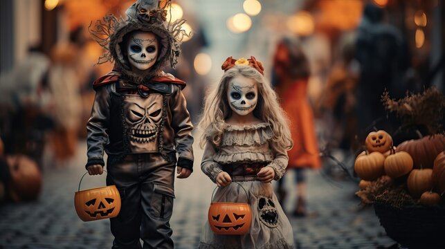 Sibling kid dress in Halloween costume, trick or treat