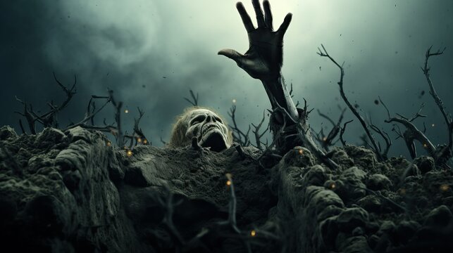 Zombie hand rising out from grave