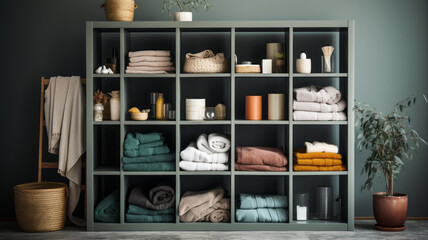 Shelving unit with clothes in bathroom at house. telephoto lens daylight white generative ai