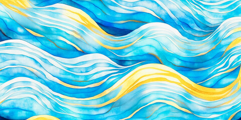 Ocean waves sunny beach seascape cartoon watercolor, blue and yellow background, wavy texture backdrop for copy space text. Happy teal sun and pool wave, summer sky abstract painting mobile web banner