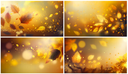 A set of fall blurred backgrounds with falling leaves against a bright sun.