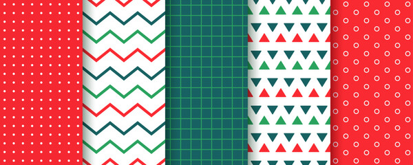 Obraz premium Christmas background. Xmas seamless pattern. Set new year textures. Holiday prints with zigzag, polka dot, triangles, plaid. Collection festive wrapping papers. Red green backdrop. Vector illustration