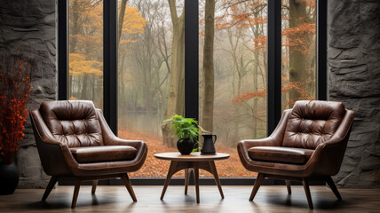 Fototapeta premium Two leather chair at wooden round coffee table in Mid-century home interior design of modern living room.generative ai