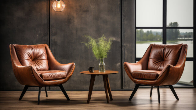 Two leather chair at wooden round coffee table in Mid-century home interior design of modern living room.generative ai