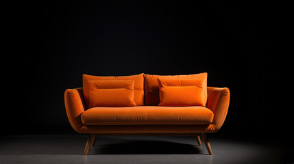 Orange sofa in a dark studio isolated on black background, generative ai