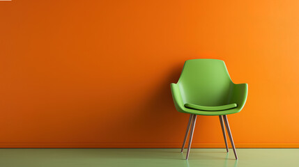Green chair against orange wall, vibrant colors, strong contrast. Generative ai
