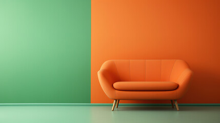 Orange sofa against orange and green wall, modern look. Generative ai