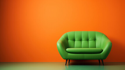 Cute green sofa isolated against vibrant orange wall, generative ai