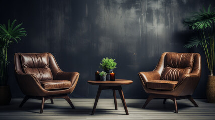Two leather chair at wooden round coffee table in Mid-century home interior design of modern living room.generative ai