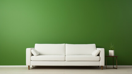 White sofa against green wall, empty room, white floor. Generative ai