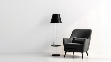 Black chair and a black standing lamp in an empty white room against the wall, generative ai