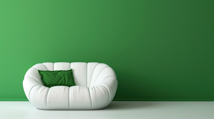 Comfortable white sofa against green wall, empty room, white floor, green pillow. Generative ai