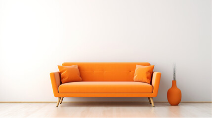 Orange sofa in an empty white room, generative ai