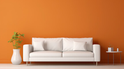 White sofa in an empty orange room, orange walls. small table and a flower pot. Generative ai