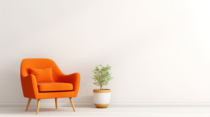 Orange chair in a white room with a flower pot, generative ai
