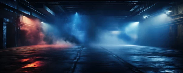 Foto op Aluminium Wet asphalt, reflection of neon lights, a searchlight, smoke. Dark background scene of empty street, night view, night city. © Evgeniia