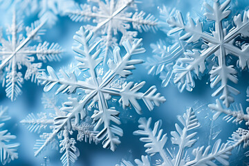 Close-up of intricate snowflakes forming a low relief pattern on a serene icy blue background 