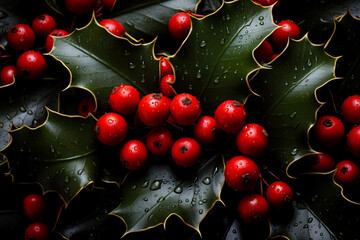 Glistening holly leaves create a striking low relief against a backdrop of festive red hues 