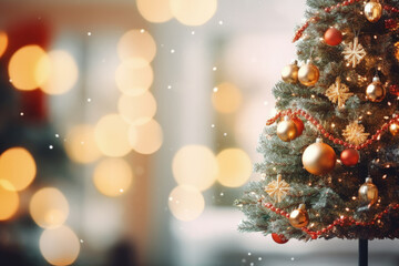 Fototapeta na wymiar Decorated Christmas tree on blurred background. Christmas tree background