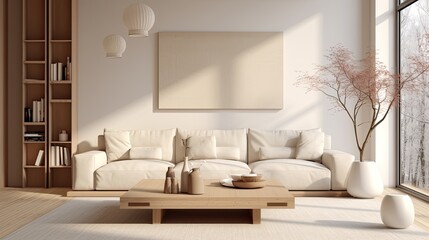 interior design of modern living room with beige fabric sofa and cushions. White wall with frame and space for text, living, furniture