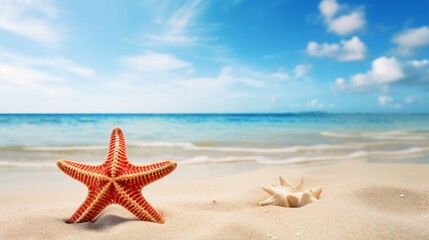 Fototapeta na wymiar Tropical beach with sea star on sand, summer holiday background. Travel and beach vacation
