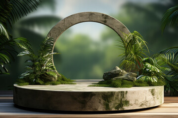 Stone podium table top floor on outdoors blur monstera tropical forest plant nature background.